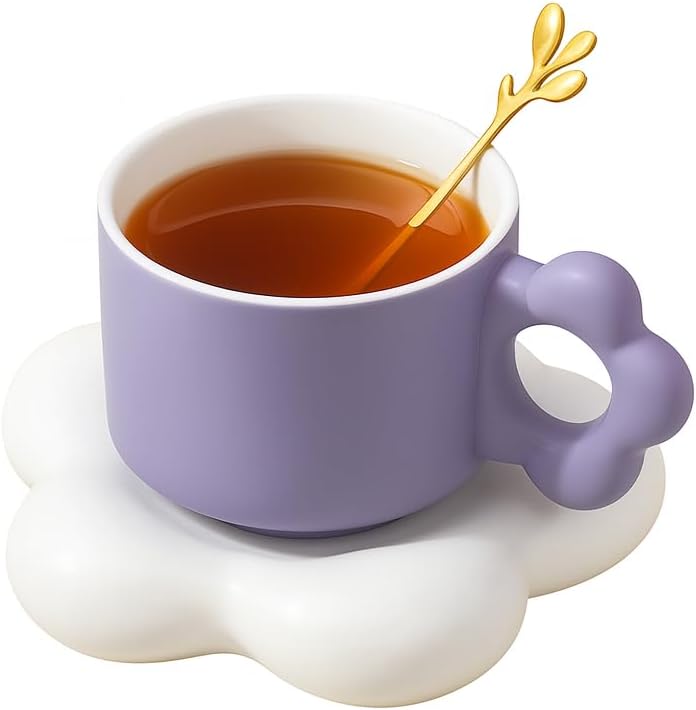 Coffee Mug with Flower Shaped Handle & Cloud Saucer