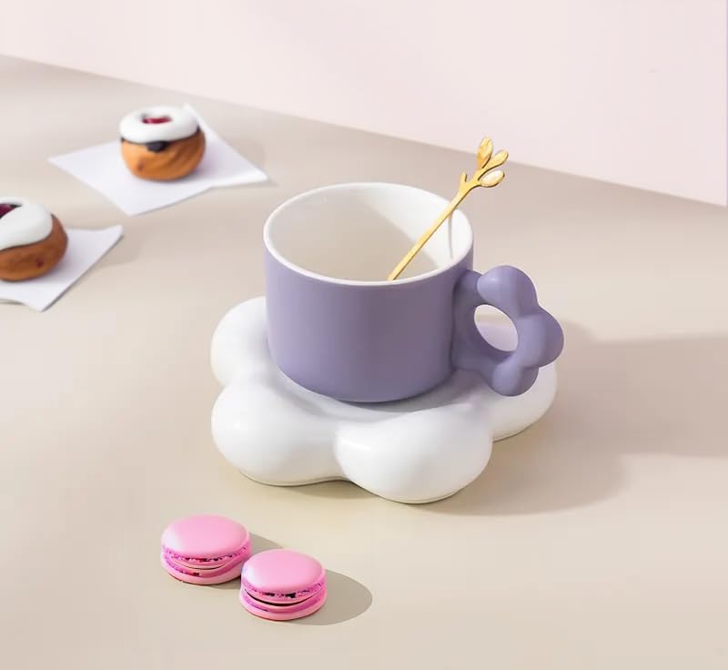 Coffee Mug with Flower Shaped Handle & Cloud Saucer