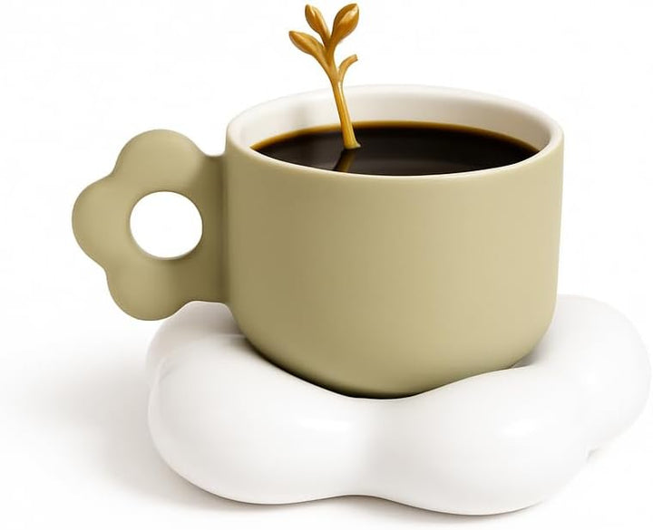Coffee Mug with Flower Shaped Handle & Cloud Saucer