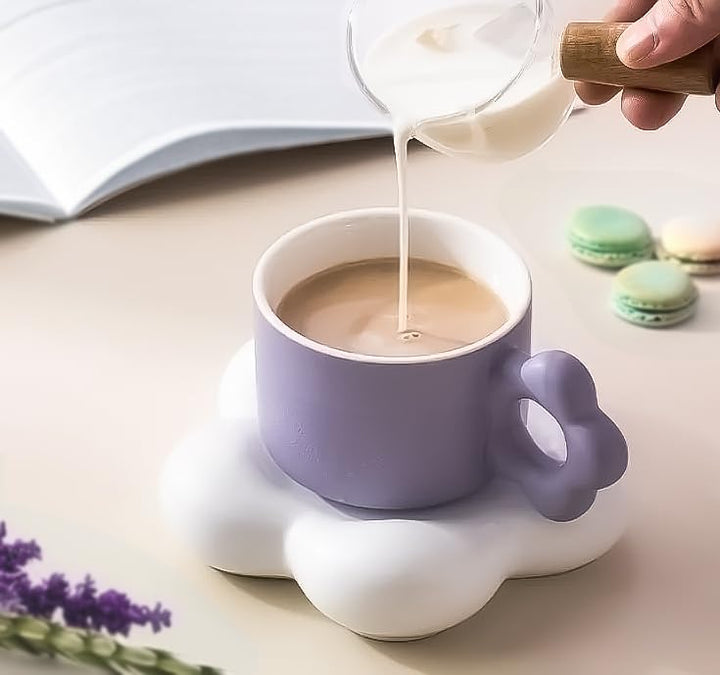 Coffee Mug with Flower Shaped Handle & Cloud Saucer