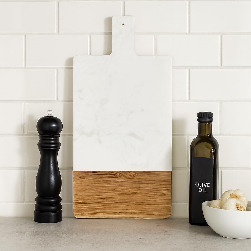 Personalized Charcuterie Board Gift Set - Marble & Wood Cheese Board with Handle
