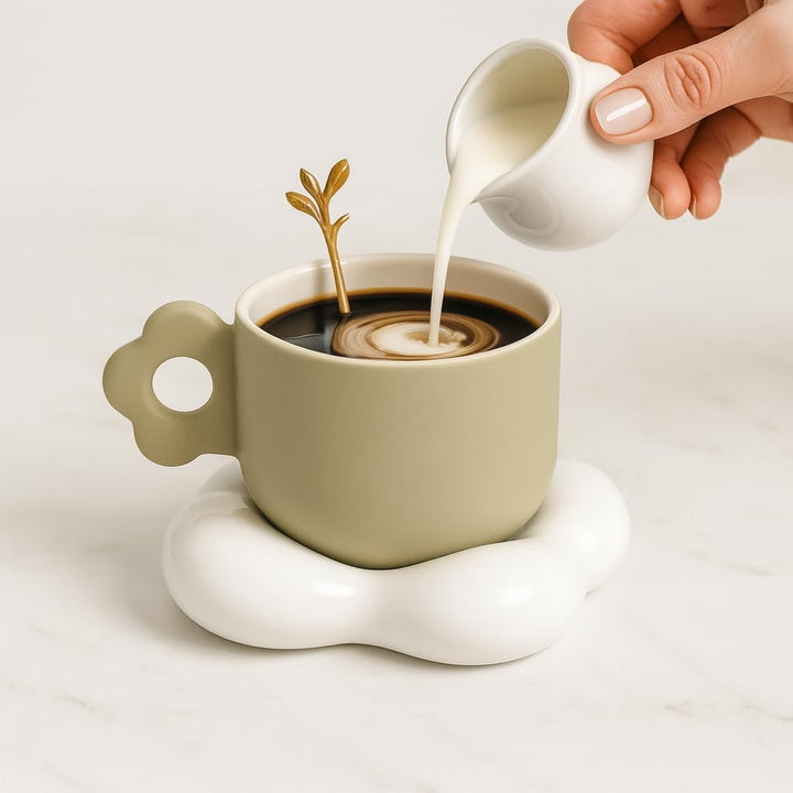 Coffee Mug with Flower Shaped Handle & Cloud Saucer