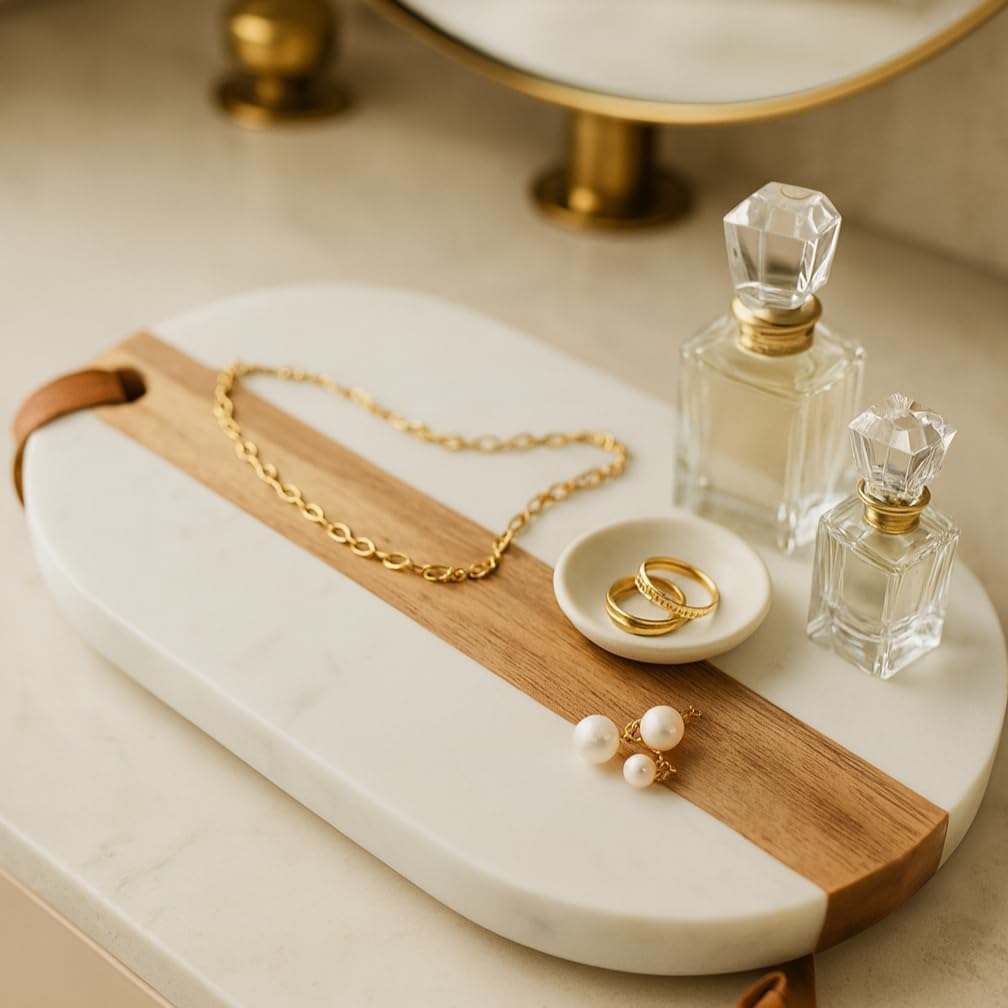 Oblong Personalized Charcuterie Board – Marble & Acacia Wood with Leather Strap | Glam Celebration