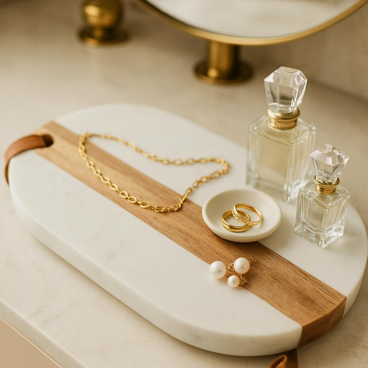 Oblong Personalized Charcuterie Board – Marble & Acacia Wood with Leather Strap | Glam Celebration