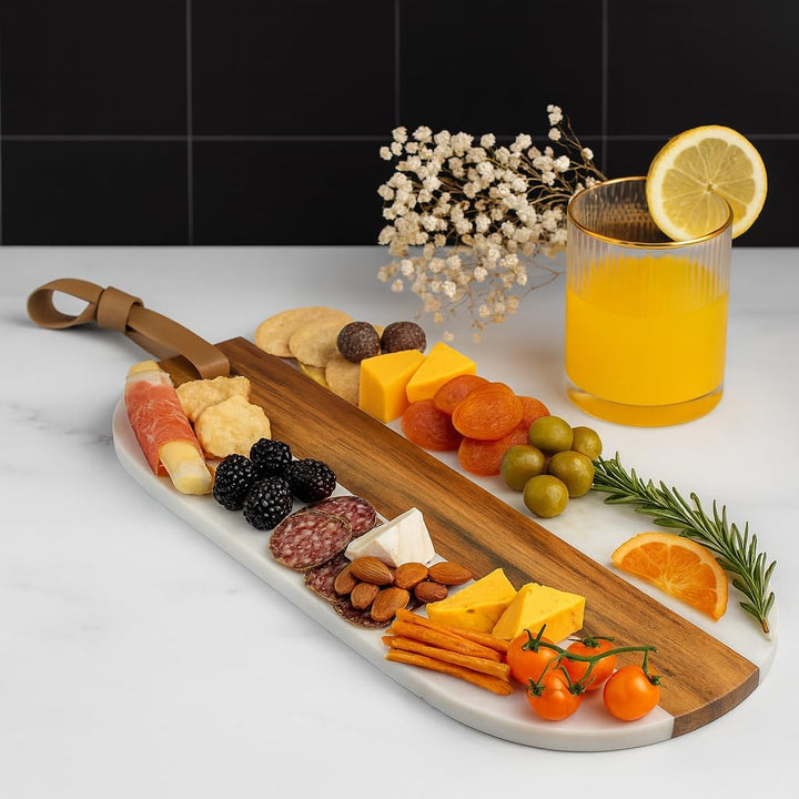 Oblong Personalized Charcuterie Board – Marble & Acacia Wood with Leather Strap | Glam Celebration