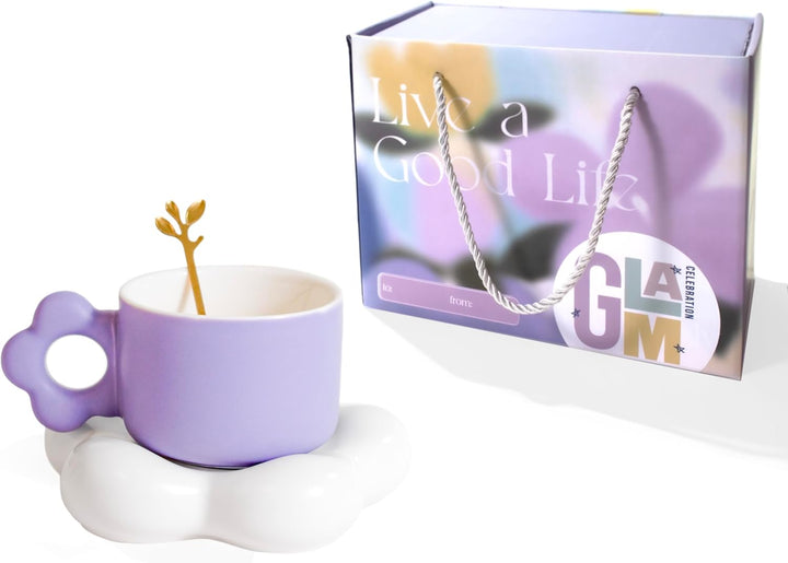 Coffee Mug with Flower Shaped Handle & Cloud Saucer