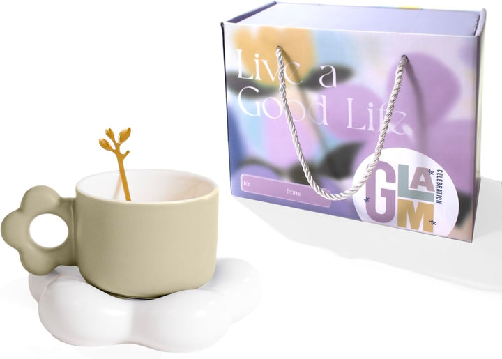 Coffee Mug with Flower Shaped Handle & Cloud Saucer
