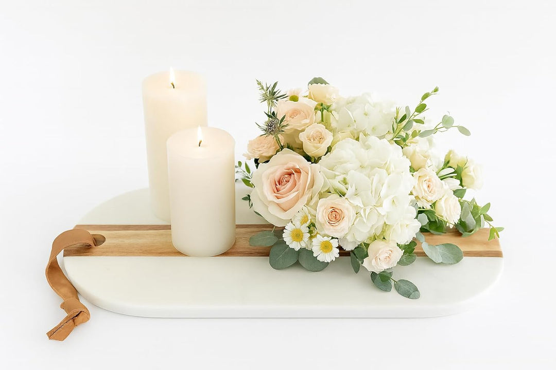 Oblong Personalized Charcuterie Board – Marble & Acacia Wood with Leather Strap | Glam Celebration
