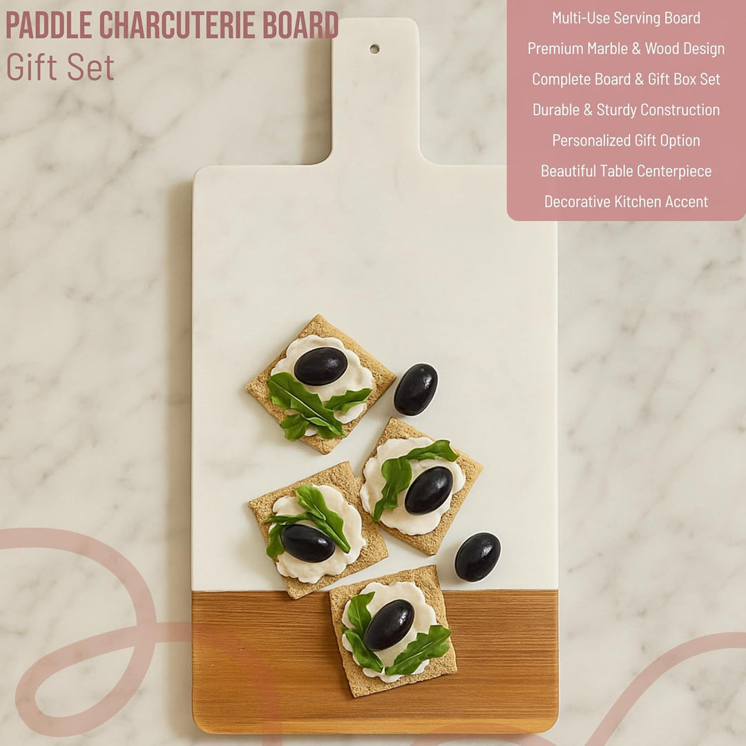 Personalized Charcuterie Board Gift Set - Marble & Wood Cheese Board with Handle