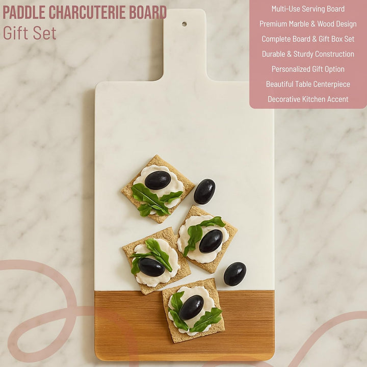 Personalized Charcuterie Board Gift Set - Marble & Wood Cheese Board with Handle