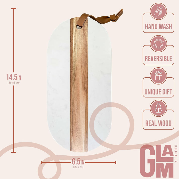 Oblong Personalized Charcuterie Board – Marble & Acacia Wood with Leather Strap | Glam Celebration