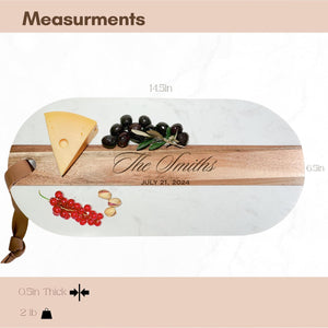 Oblong Personalized Charcuterie Board – Marble & Acacia Wood with Leather Strap | Glam Celebration