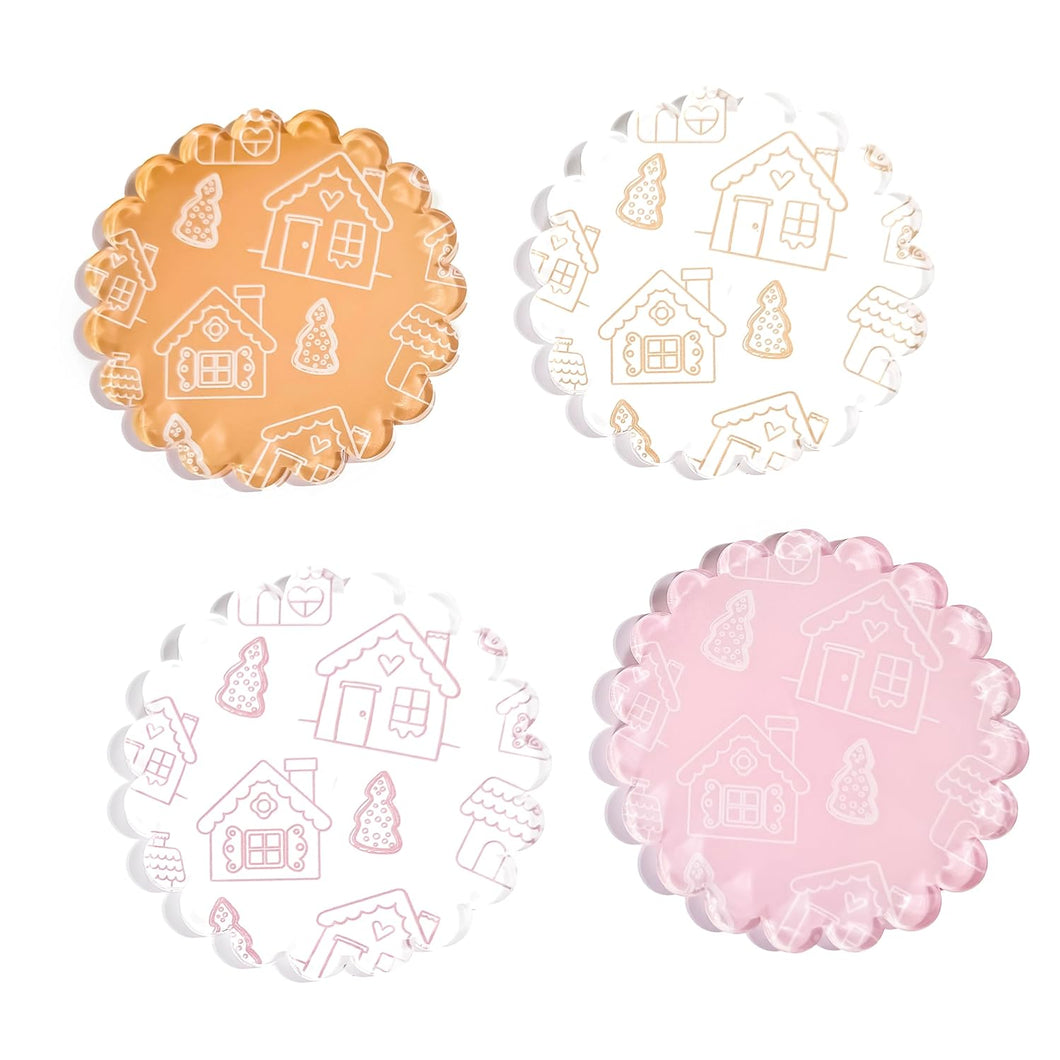 Set of 4 Scalloped Acrylic Coasters – Christmas Gingerbread House