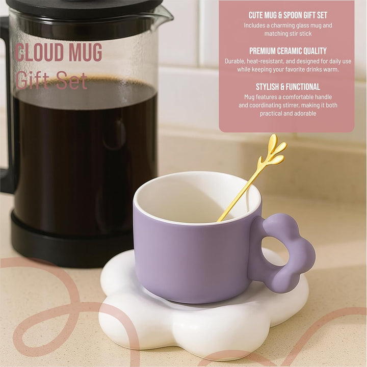 Coffee Mug with Flower Shaped Handle & Cloud Saucer
