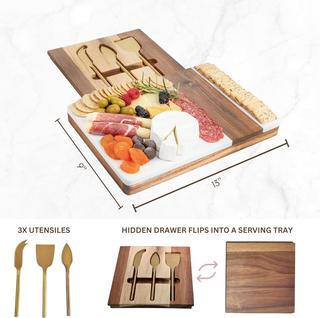 Marble and Wood Charcuterie Board with Gold Cheese Knives