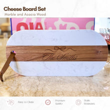 Load image into Gallery viewer, Oblong Personalized Charcuterie Board – Marble &amp; Acacia Wood with Leather Strap | Glam Celebration

