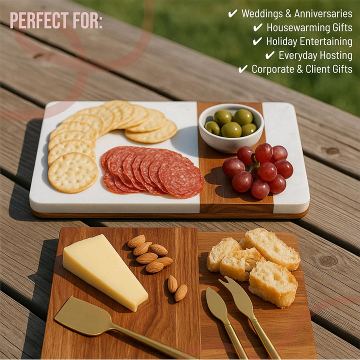 Marble and Wood Charcuterie Board with Gold Cheese Knives