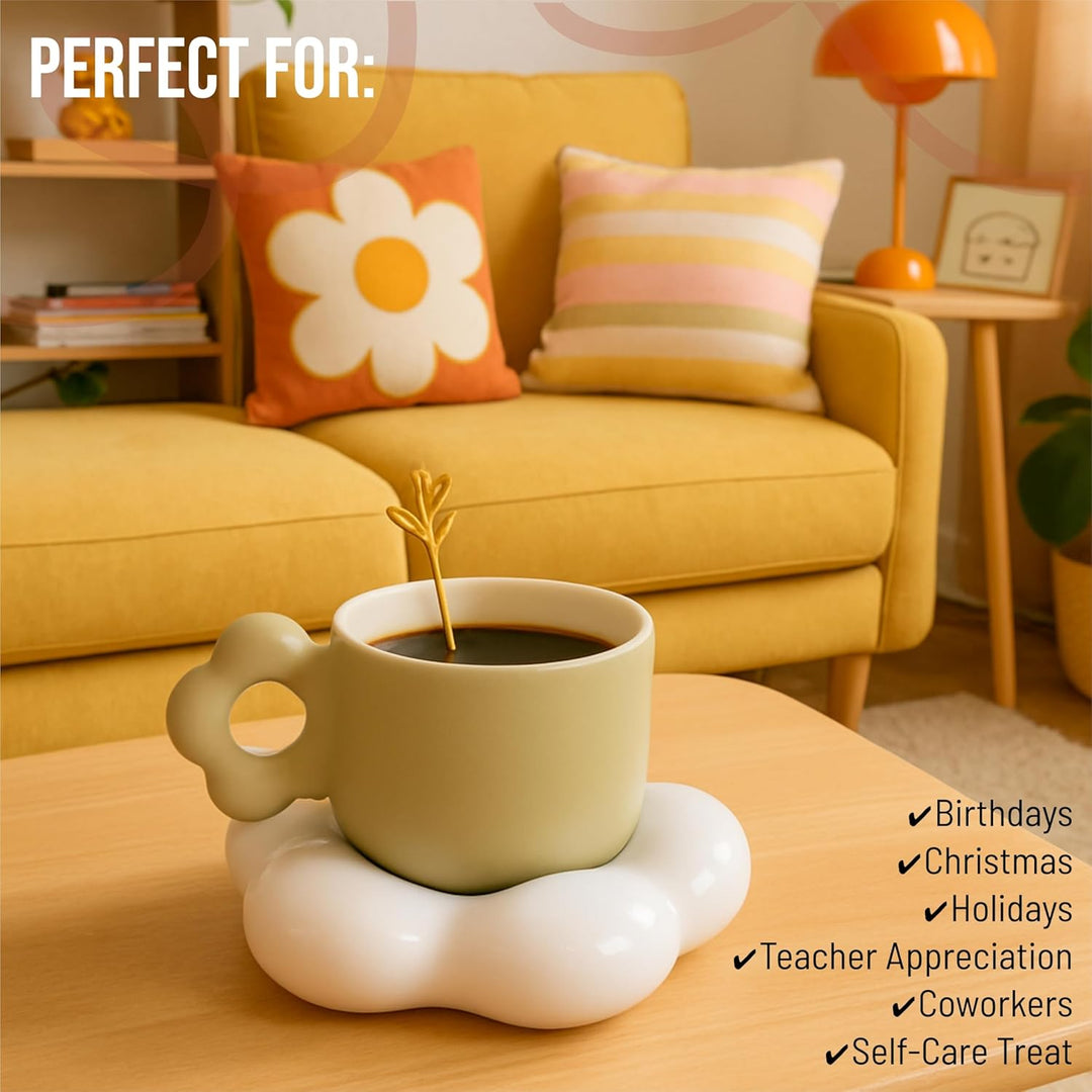 Coffee Mug with Flower Shaped Handle & Cloud Saucer