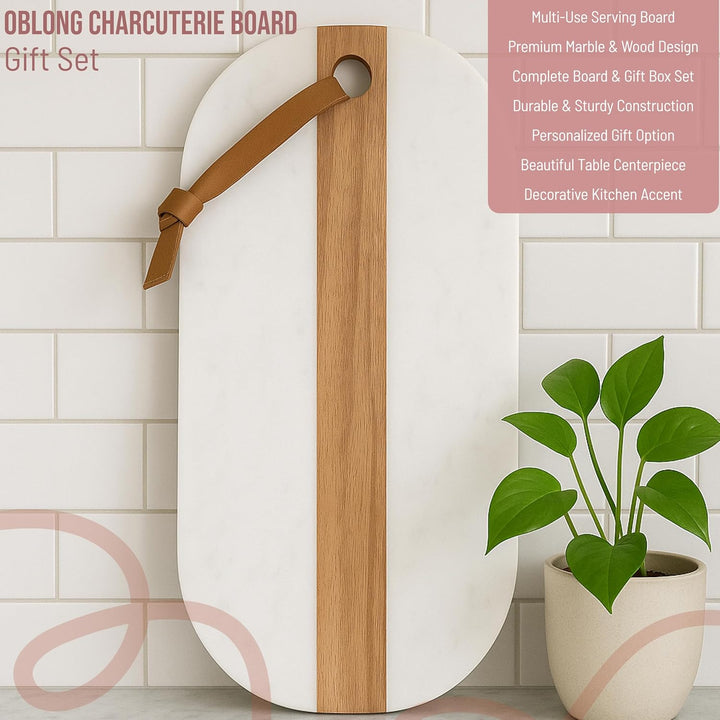 Oblong Personalized Charcuterie Board – Marble & Acacia Wood with Leather Strap | Glam Celebration