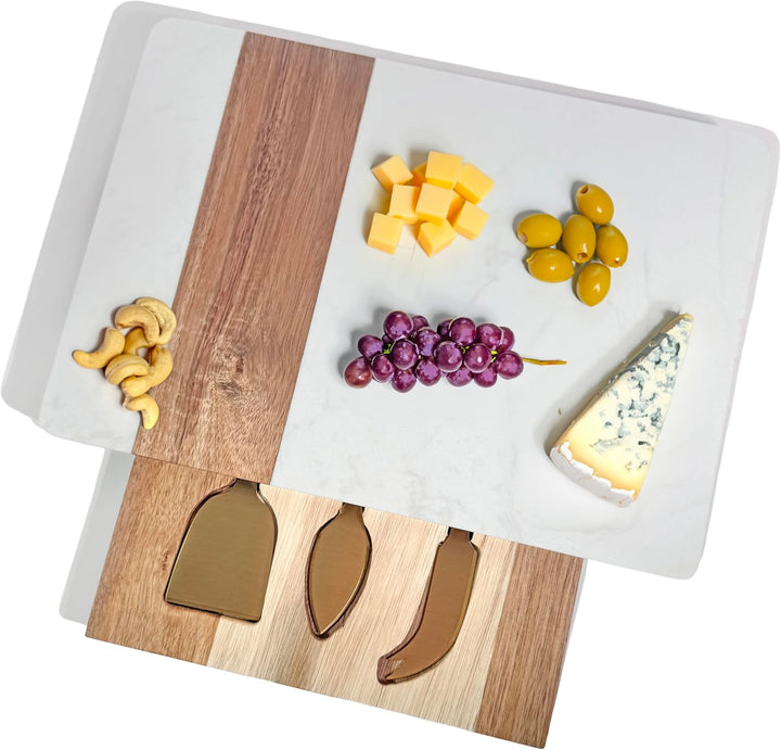 Marble and Wood Charcuterie Board with Gold Cheese Knives