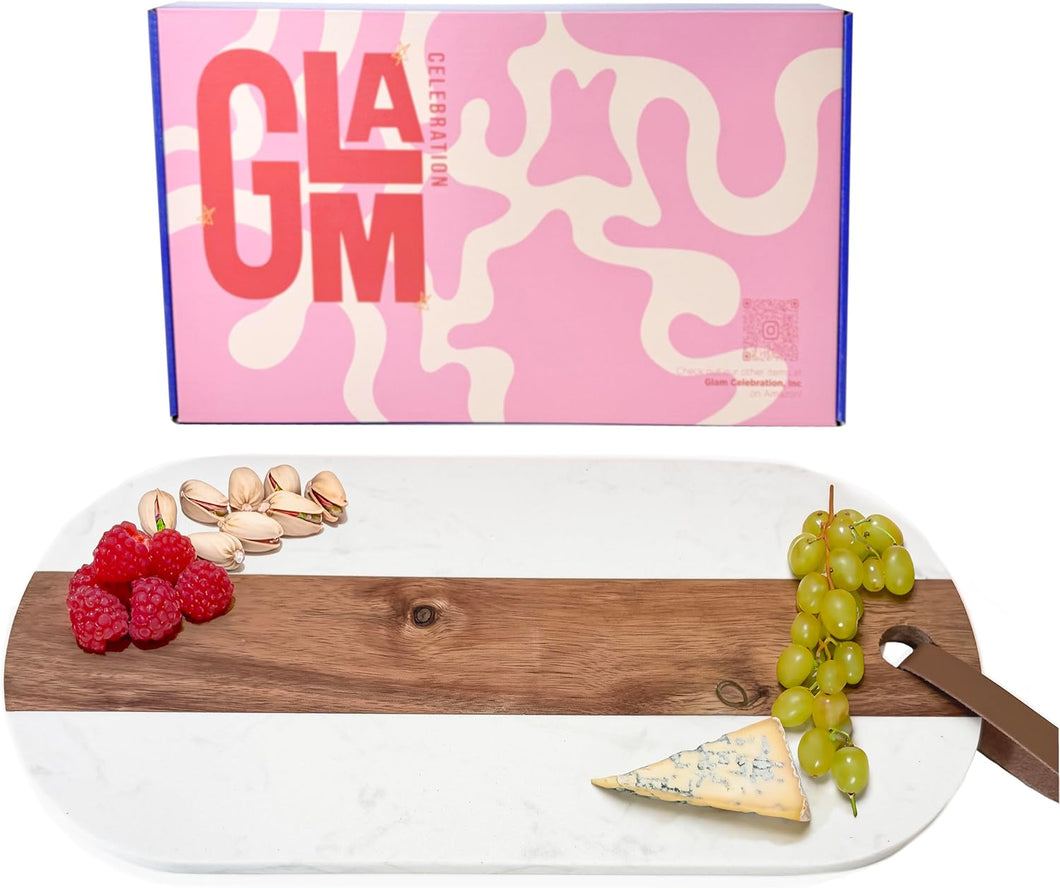 Oblong Personalized Charcuterie Board – Marble & Acacia Wood with Leather Strap | Glam Celebration