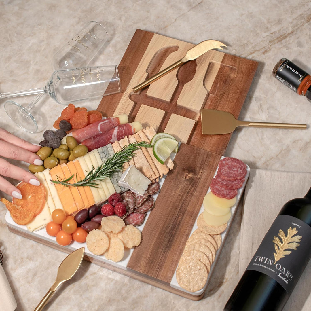 Marble and Wood Charcuterie Board with Gold Cheese Knives