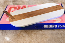 Load image into Gallery viewer, Oblong Personalized Charcuterie Board – Marble &amp; Acacia Wood with Leather Strap | Glam Celebration
