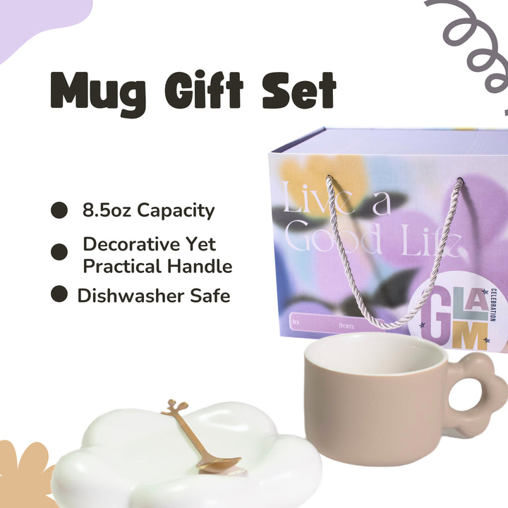 Coffee Mug Gift Set with Flower Handle & Cloud Saucer - Stocking Stuffer for Women