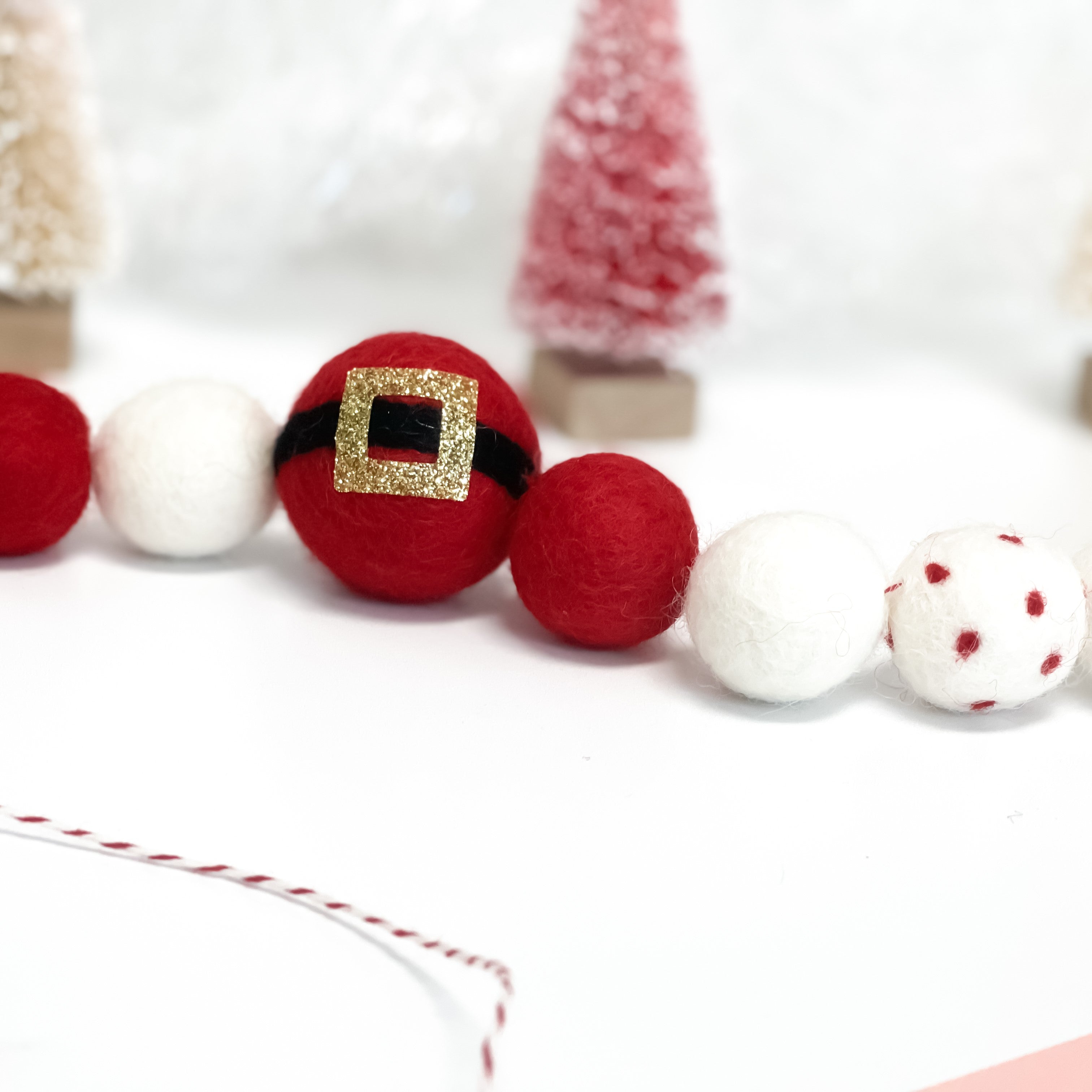 Christmas Tree Garland. Red and White Beaded Garland. Felt Ball Garland.  Beaded Garland. Christmas Decor.5ft 